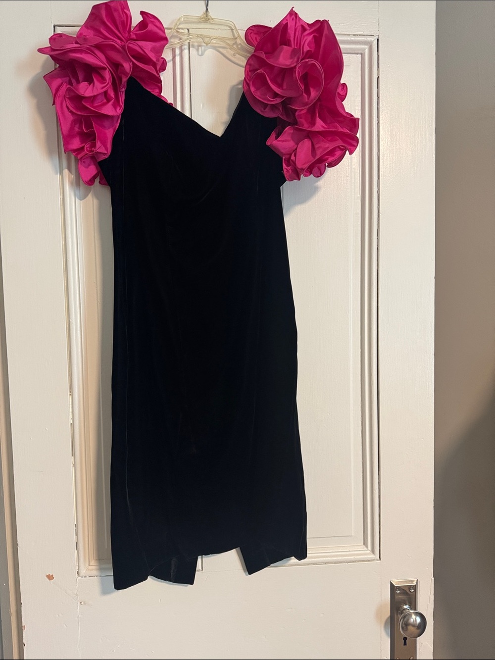 Black Velvet Dress with Hot Pink Ruffle Sleeves